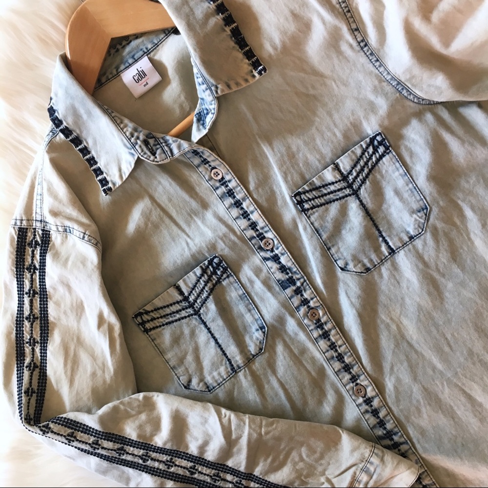 CABI | Acid Wash Embroidered Cotton Button Down